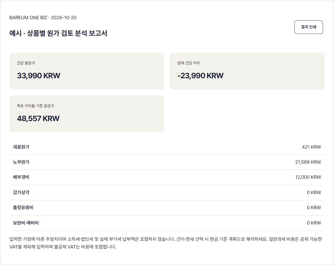 원가·예상손익 분석 보고서. 기존 분석기 실행 화면 · 예시 금액 사용. 납품 파일은 합의한 범위로 제작.
